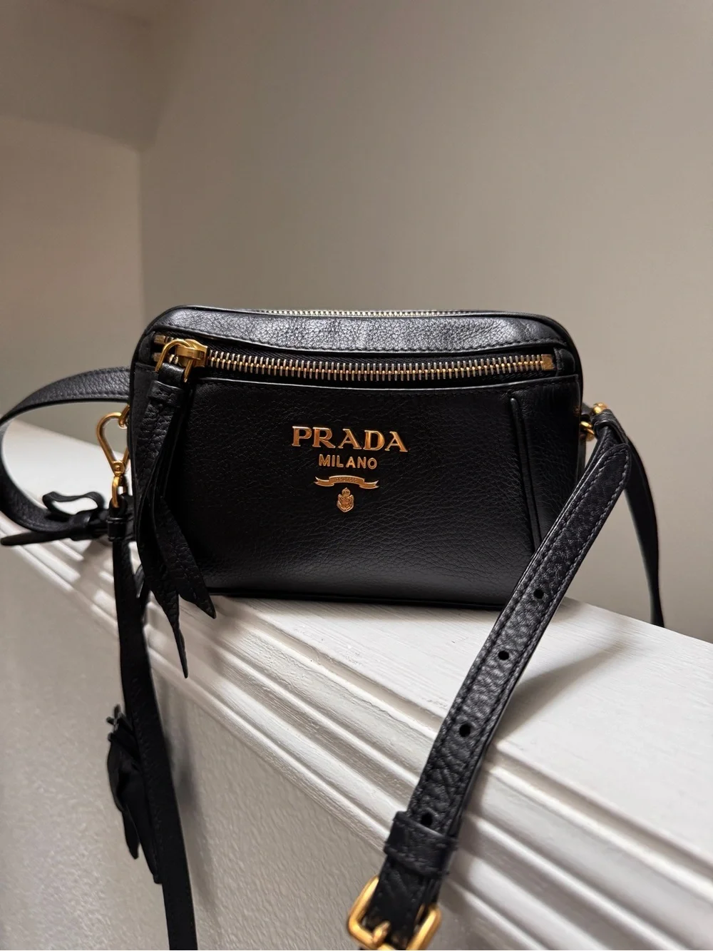 Prada Black Leather Crossbody with Gold Logo